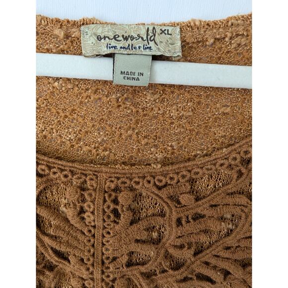 One World Dark Fairy Brown Textured Crochet Knit Top XL Wimsygoth  Sharkbite Hem - Picture 3 of 8